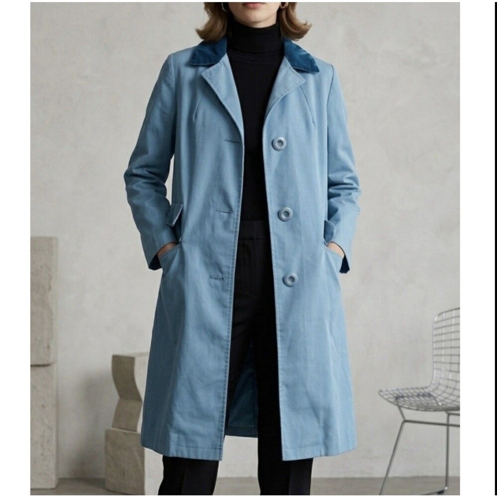 Vintage 60s Sears MOD Trench Coat Womens S Blue Velvet Collar Retro Spy Jacket